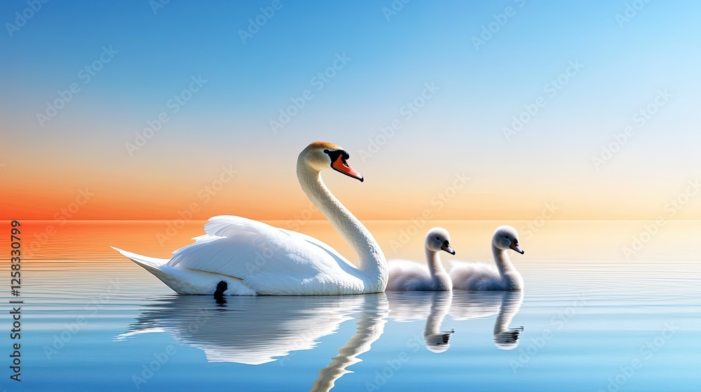 Fototapeta premium Elegant Swans Swimming Tranquilly at Sunset over Calm Waters