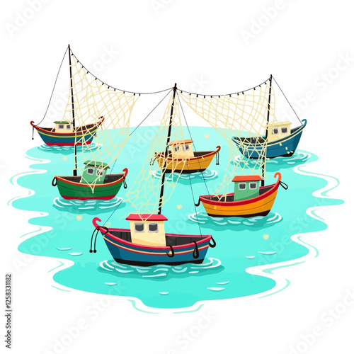 Fishing boats, vessels filled with nets. These boats used for the sea, ocean and fishing industry symbolize seafood production and fishing activities. vector illustration.