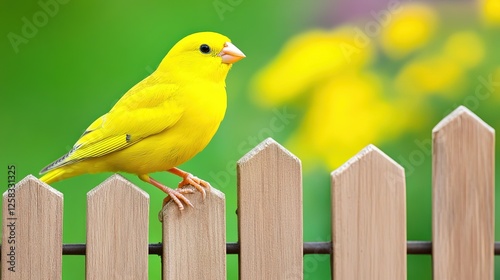 Vibrant Yellow Bird Perched on Wooden Fence with Blurred Garden Background photo