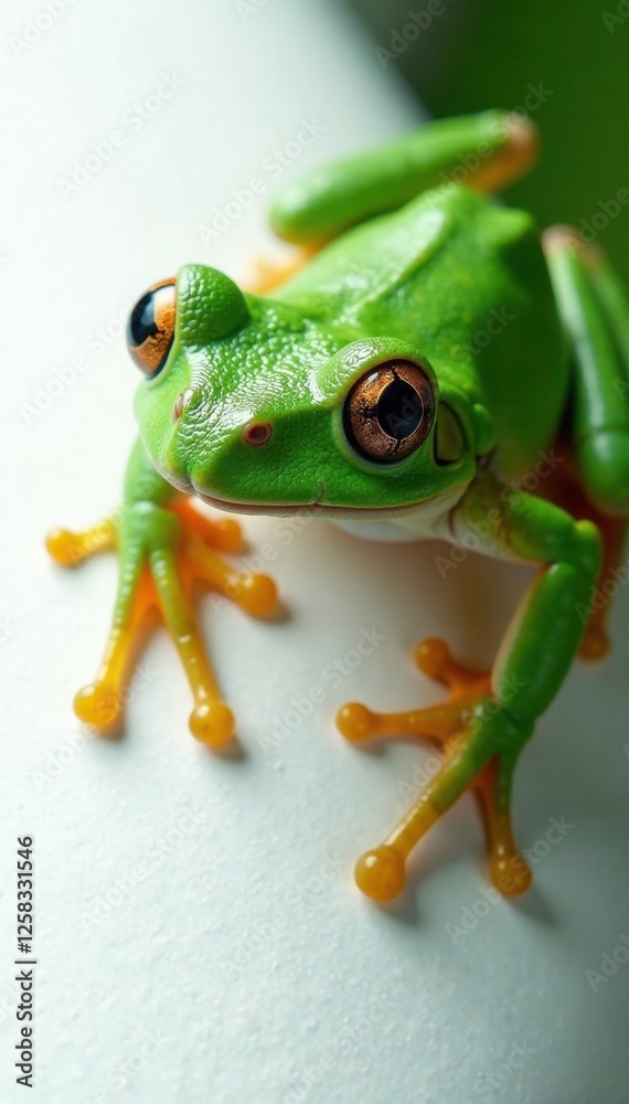 Obraz premium Grenouille verte avec le dos vers un panneau blanc, green frog, leaves, pond
