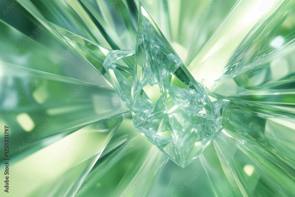 Fototapeta premium rotating crystalline form in light green, refracting light as it shifts and turns in space, creating an ever-changing visual.