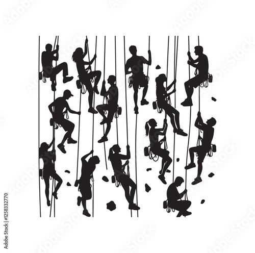 Rock climbing men hanging from safety ropes silhouette vector illustration 