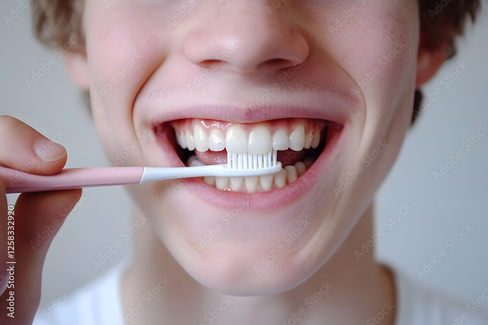 Fototapeta premium Photo portrait of a boy brushing his teeth with toothbrush smiling with clean teeth. For a dental ad, isolated on white background