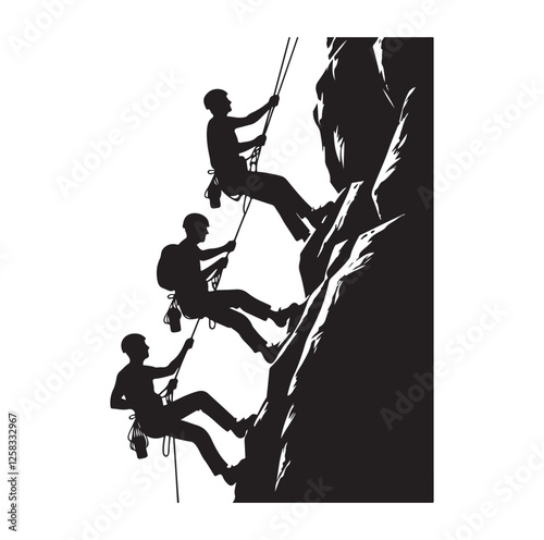 Rock climbing men hanging from safety ropes silhouette vector illustration 