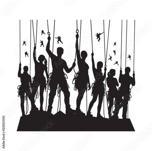 Rock climbing men hanging from safety ropes silhouette vector illustration 
