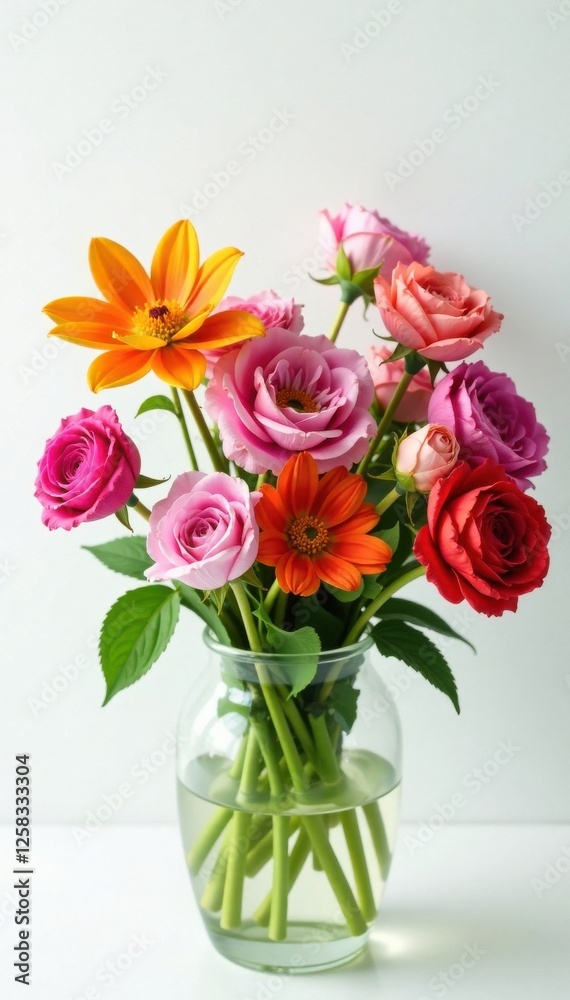 Group of different colored flowers in a vase on a white background with some greenery , floral, flowers and greens, white background Group of different colored flowers in a vase on a white background with some greenery , floral, flowers and greens, white background