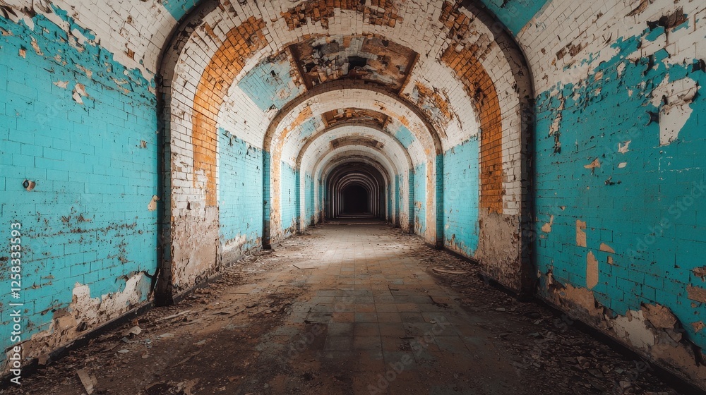 Fototapeta premium Abandoned industrial corridor with peeling paint and worn walls