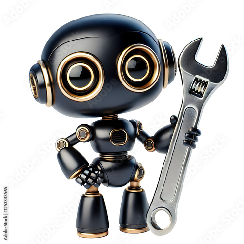 Cute 3D black robot with golden eyes holding adjustable wrench in side view isolated on white background