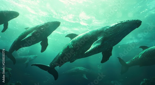 Majestic Humpback Whales Swimming Gracefully Underwater Scene