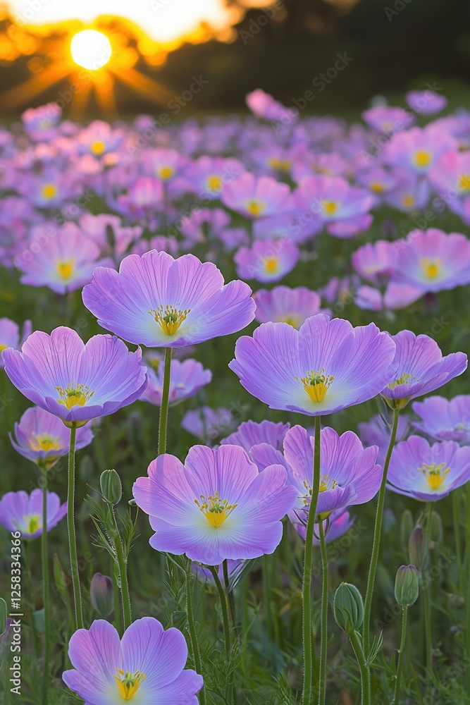 A field of pink wildflowers blooming under a golden sunset. A field of pink wildflowers blooming under a golden sunset.
