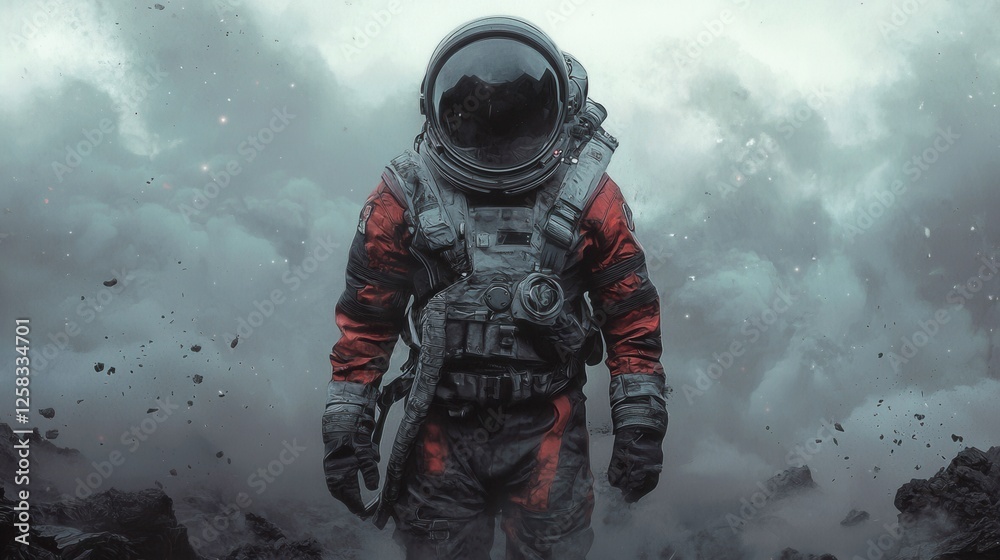 Obraz premium Astronaut in Red Suit Standing on Mysterious Alien Landscape