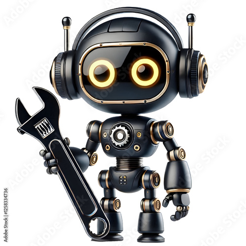 Cute 3D black robot with golden eyes holding adjustable wrench in side view isolated on white background