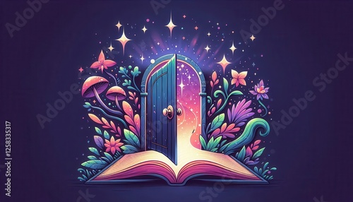 Fantasy open book glowing with magic enchanted story portal dreamy mysterious doorway creativity literature adventure illustration