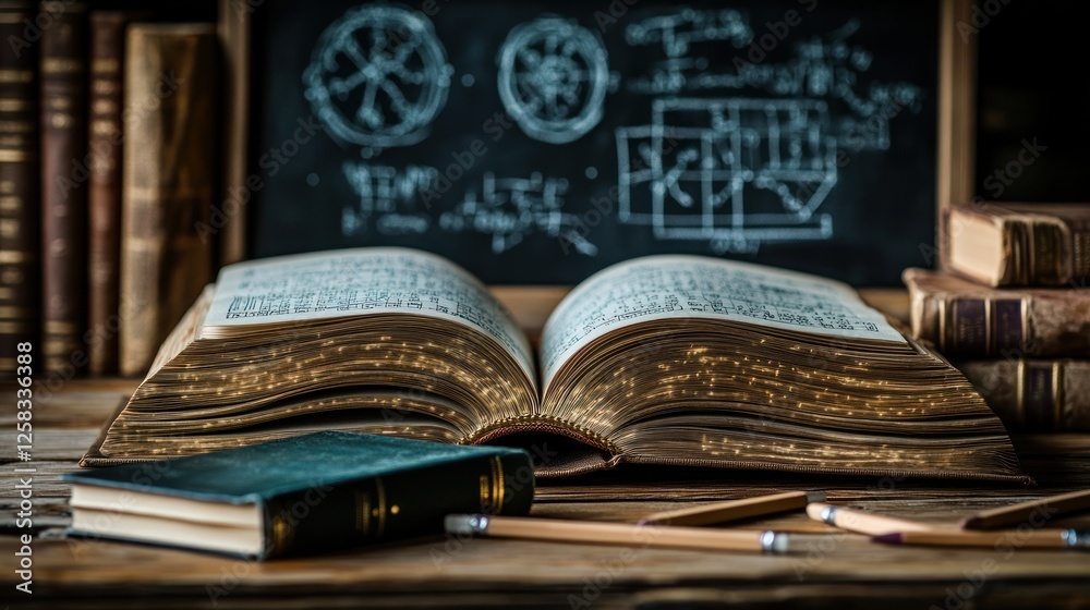 Obraz premium Open ancient book on wooden table with pencils, surrounded by old books and chalkboard notes