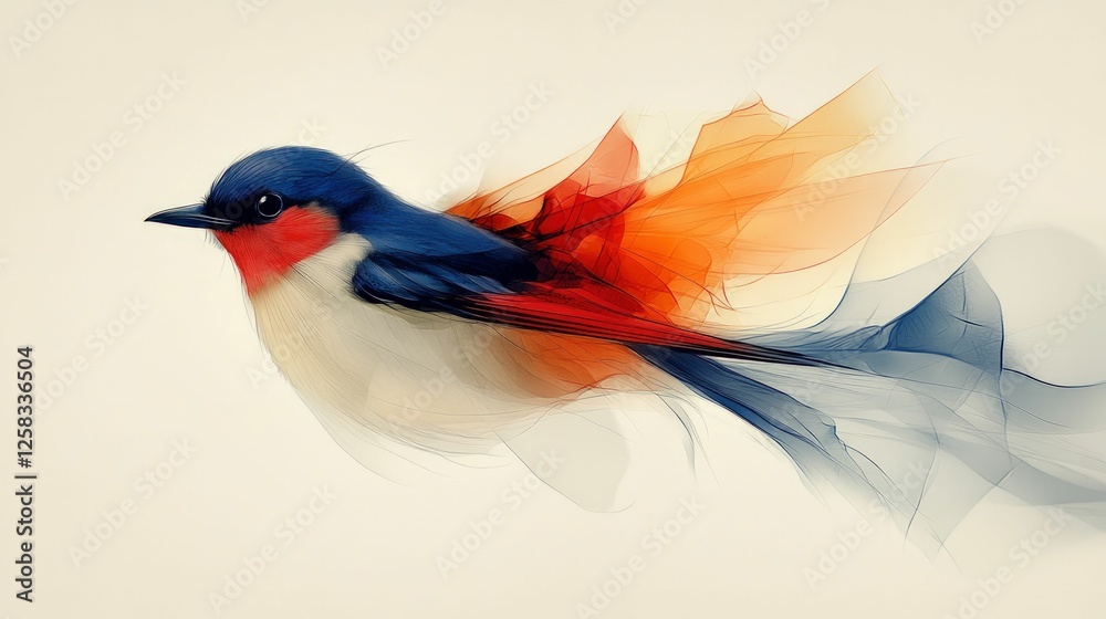 Fototapeta premium Vivid bird art, fiery tail, abstract flight.