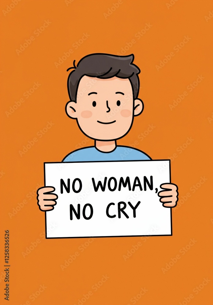 Man holding a board with text No Woman, No Cry Man holding a board with text No Woman, No Cry