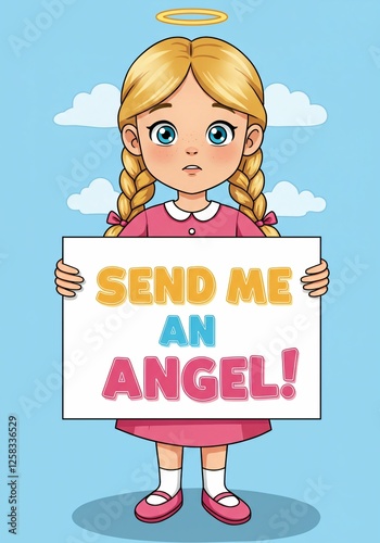 Girl with halo holding 'Send Me An Angel' sign photo