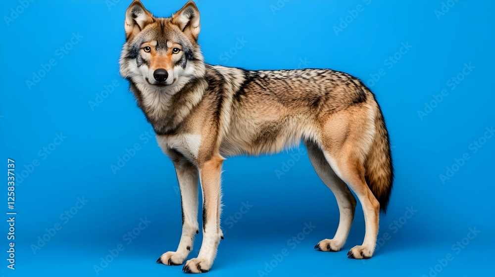 Obraz premium Gray Wolf Studio Portrait Against Blue Background