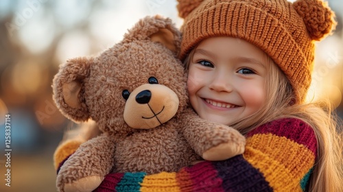 A joyful little girl with a cozy knit hat warmly embraces her teddy bear, exuding happiness and childhood innocence against a softly blurred autumn backdrop.