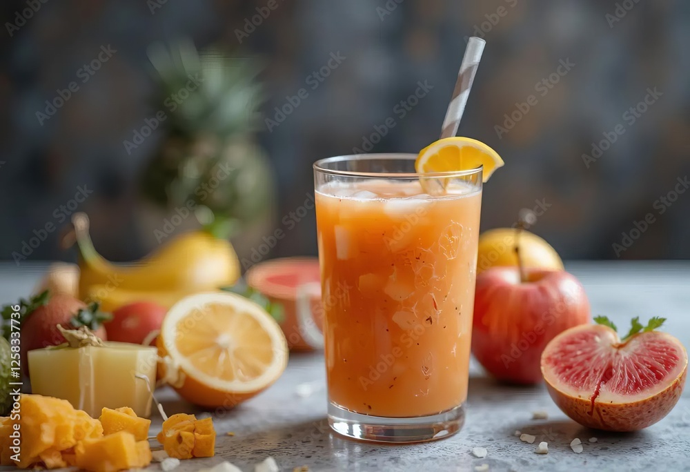 A glass of orange juice surrounded by fresh oranges and tomatoes A glass of orange juice surrounded by fresh oranges and tomatoes