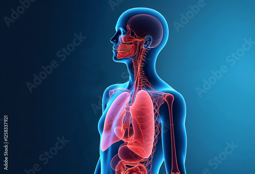 Anatomy of Human Lungs and Heart, internal organs of the human body, body contents such as liver, intestines, arm bones and nerves, rib overlay. Generative AI