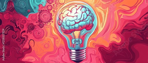 Light bulb with gear brain, creative thinking and innovation concept, modern design, vibrant and dynamic digital illustration photo