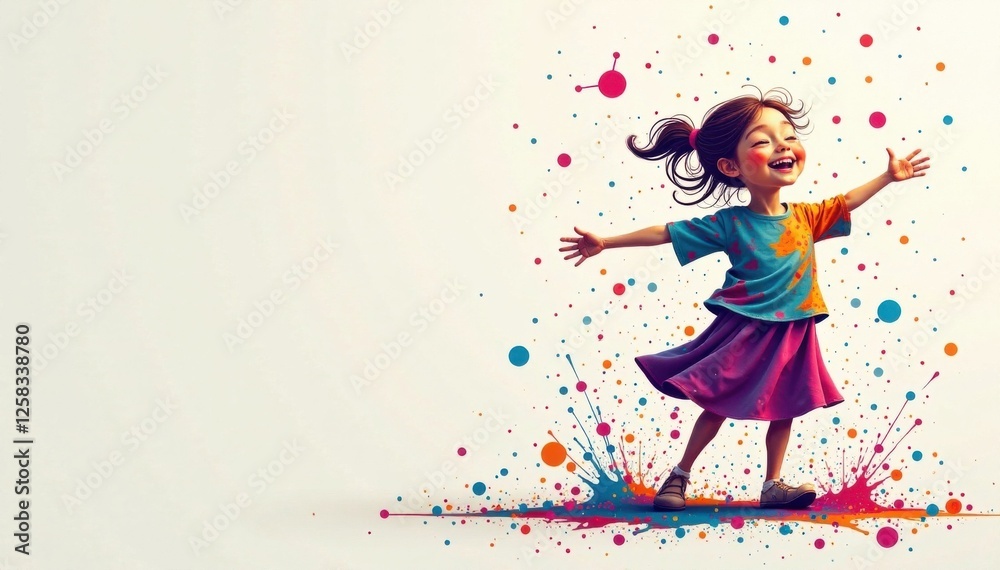 Happy dancing figure with multicolored dots and splatters, lively, geometric, dynamic Happy dancing figure with multicolored dots and splatters, lively, geometric, dynamic