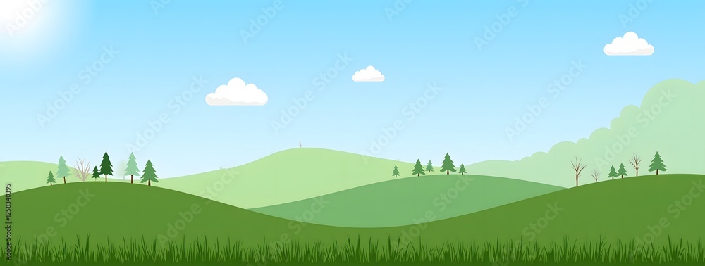 Obraz premium Sunny day over green hills with trees and clouds in serene landscape