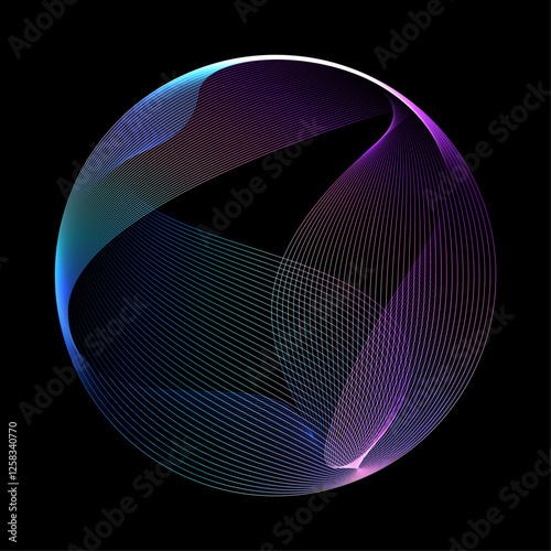 Abstract vector round shape of wavy lines flowing smooth curve colorful spectrum light on black background in concept of technology, science, music, modern.