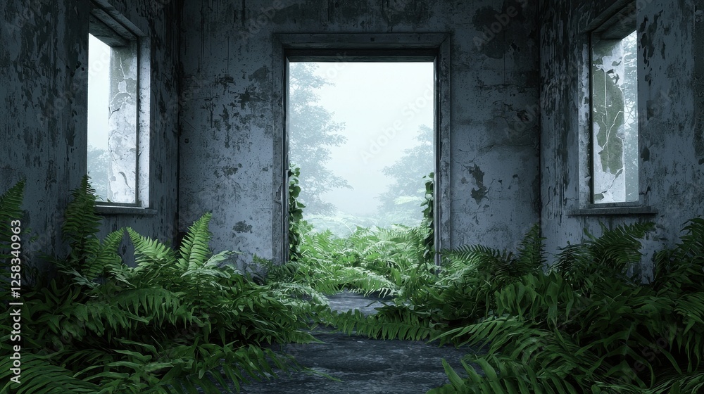 Fototapeta premium Abandoned Room Overgrown with Ferns and Nature's Embrace