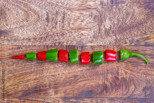 Mix of red and greenchilli peppers with lot of capsaicin on the wooden background. Good for spicy cuisine.