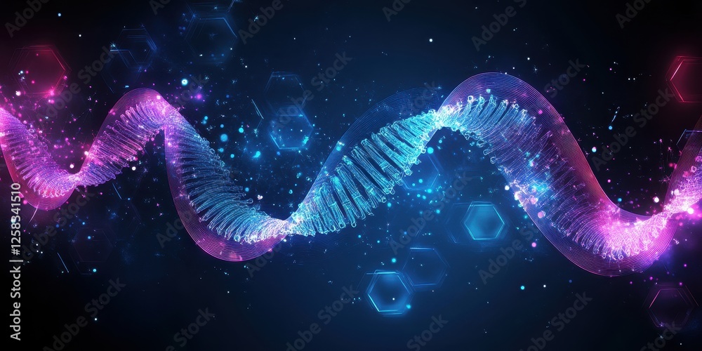 Abstract Glowing Futuristic DNA Strand Illustration with Hexagons Abstract Glowing Futuristic DNA Strand Illustration with Hexagons