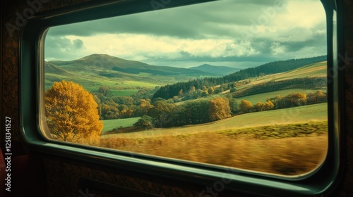 A scenic view through a train window capturing rolling hills and vibrant autumn trees, blending nature's beauty with the journey of travel. photo