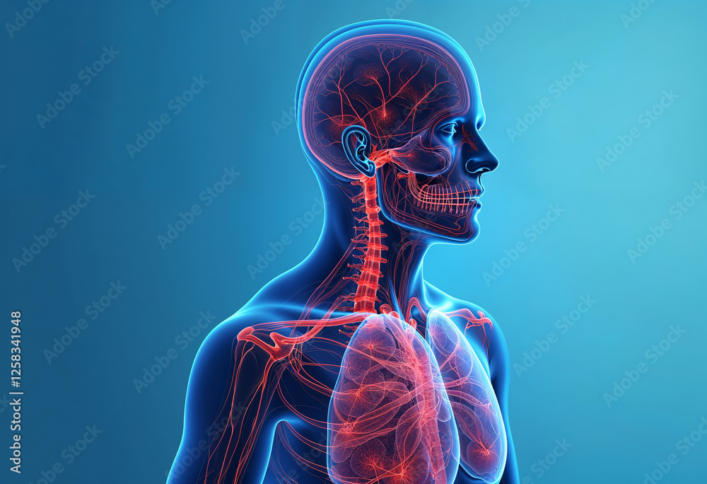Anatomy of Human Lungs and Heart, internal organs of the human body, body contents such as liver, intestines, arm bones and nerves, rib overlay. Generative AI Anatomy of Human Lungs and Heart, internal organs of the human body, body contents such as liver, intestines, arm bones and nerves, rib overlay. Generative AI