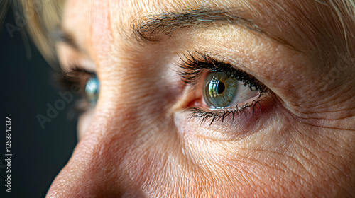 Closeup facial of woman's eyes with wrinkles, crow's feet at the corners of eyes. Cosmetic skincare treatment