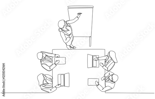 Continuous one line drawing of businesswoman presenting marketing plan for her business team, business meeting, project presentation concept, single line art