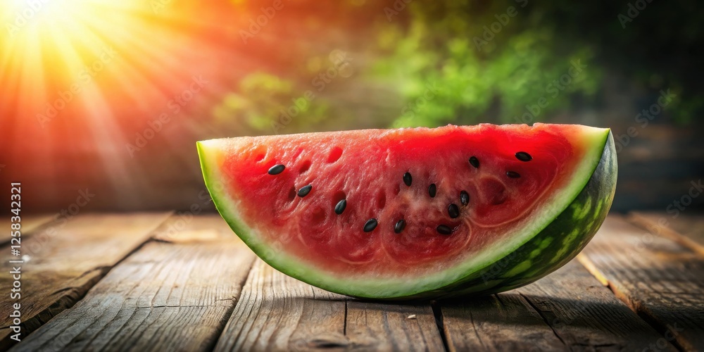 A juicy slice of watermelon rests on a rustic wooden surface, bathed in warm sunlight A juicy slice of watermelon rests on a rustic wooden surface, bathed in warm sunlight
