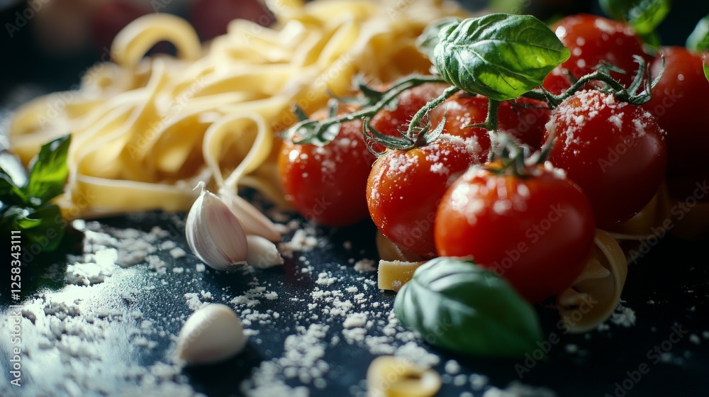 Fresh Ingredients for Italian Pasta with Tomatoes and Basil Fresh Ingredients for Italian Pasta with Tomatoes and Basil