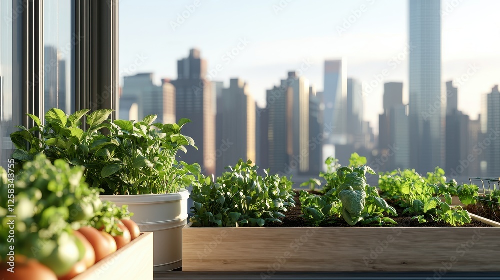 Fototapeta premium A modern urban garden with fresh herbs and vegetables, overlooking a city skyline, showcasing sustainable living.