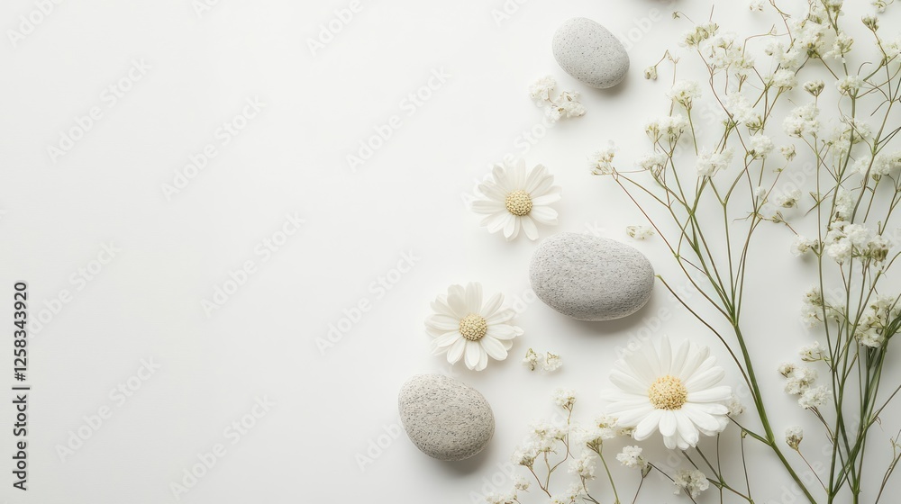 A serene arrangement of smooth gray stones and delicate white flowers on a light surface, creating a peaceful and calming aesthetic. A serene arrangement of smooth gray stones and delicate white flowers on a light surface, creating a peaceful and calming aesthetic.