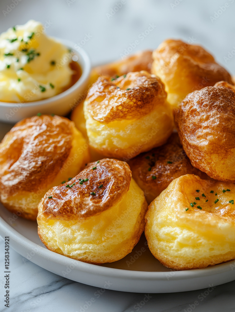 Plate of Yorkshire puddings with butter on marble surface. Plate of Yorkshire puddings with butter on marble surface.