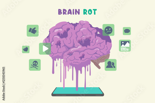 Brain rot melted down to smartphone screen while icons and signs about social media and content stayed around that. Loss of focus due to addiction to low quality content.
