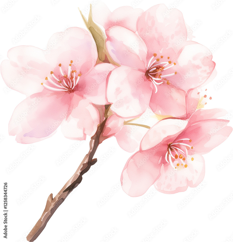 Obraz premium Cherry blossom flowers watercolor painting isolated on transparent background.
