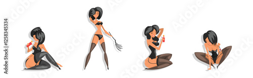 Sexy Woman Character in Black Leather Lingerie Vector Set