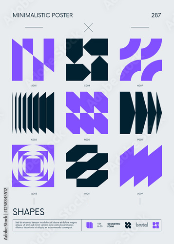 Minimalistic Posters with silhouette basic figures in brutalism style, Retro futuristic graphic elements of geometric shapes, postmodern composition, trendy Y2K aesthetics print artwork