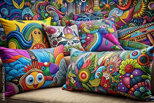 Panoramic View of Eclectic Mismatched Doodle Art Pillows for Quirky Home Decor