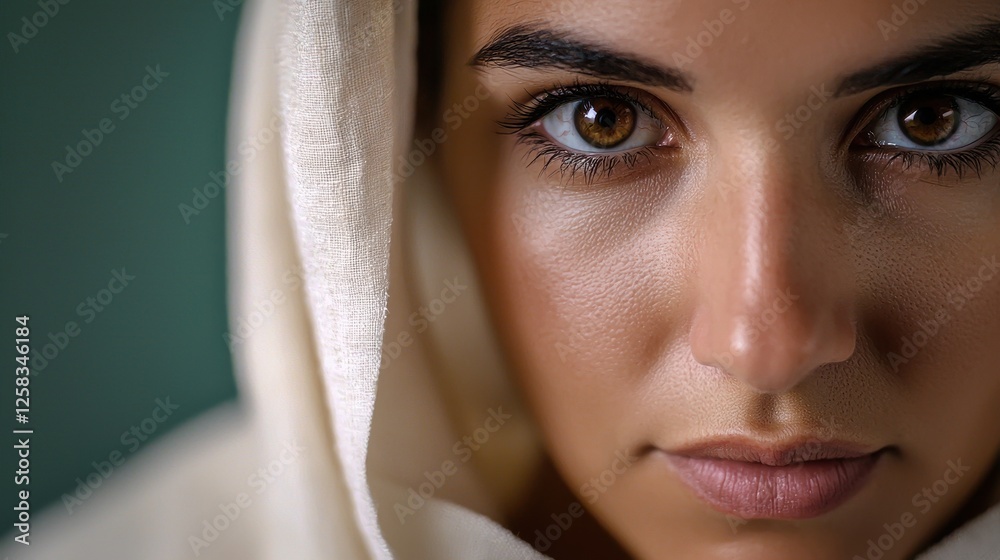 Close-Up Portrait of Young Woman with Captivating Eyes and Headscarf Close-Up Portrait of Young Woman with Captivating Eyes and Headscarf