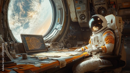 Astronaut charting course, Earth view, space station interior.