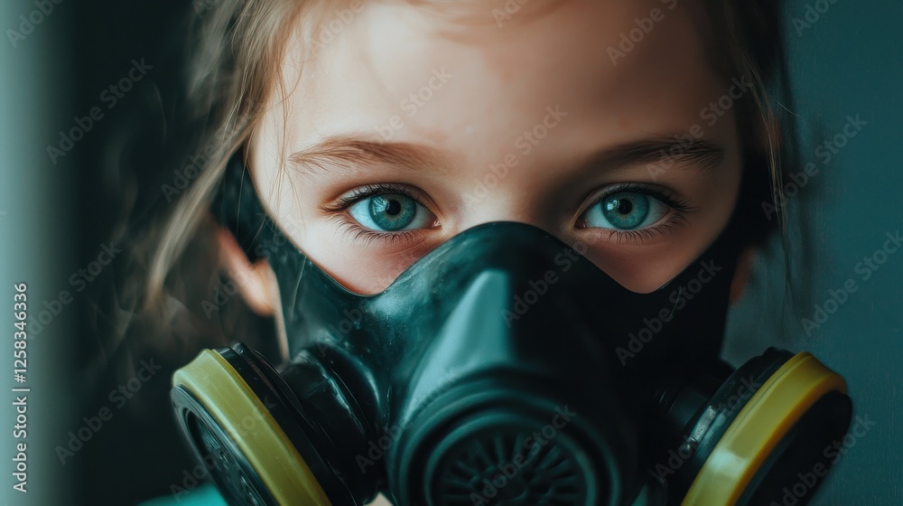 Young Child with Gas Mask Displaying Expression of Concern and Fear Young Child with Gas Mask Displaying Expression of Concern and Fear