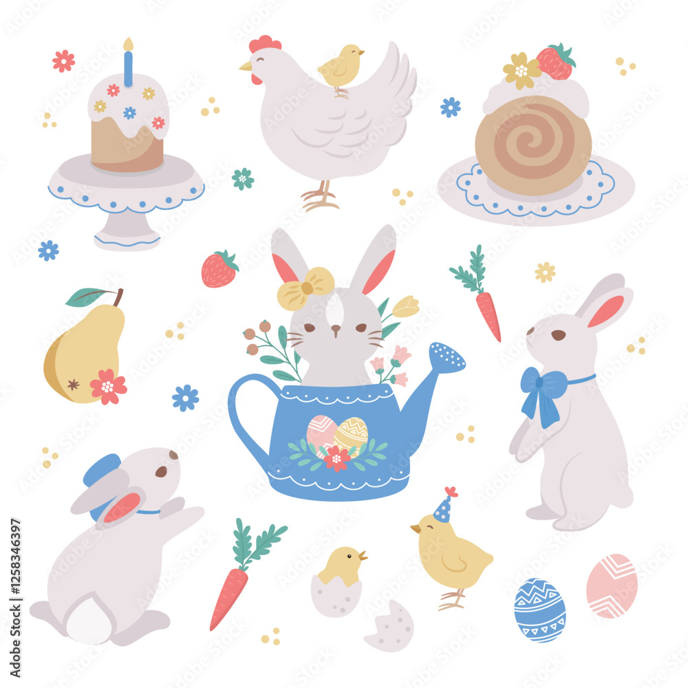 Set of Easter illustrations eggs, bunny, chicken, chick, carrot, kulich, cupcake, flowers Set of Easter illustrations eggs, bunny, chicken, chick, carrot, kulich, cupcake, flowers
